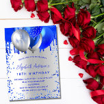 Birthday royal blue silver balloons sparkles invitation<br><div class="desc">A faux silver looking background. Decorated with royal blue faux drips paint dripping look,  sparkles and balloons. Personalize and add a name and party details. The name is written with a hand lettered style script.</div>
