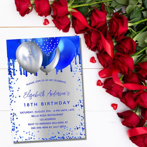Birthday royal blue silver balloons sparkles invitation