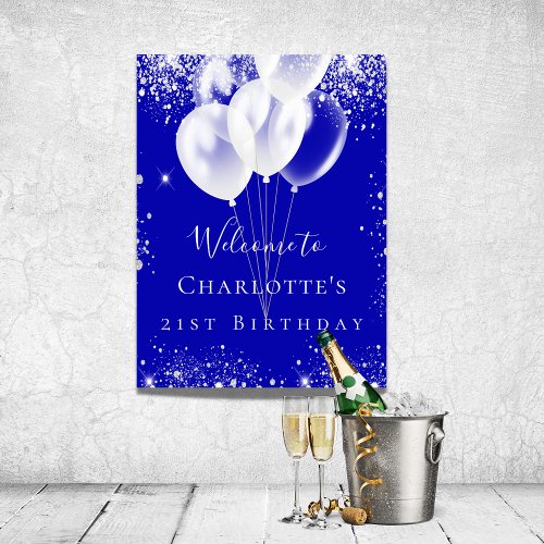 Birthday royal blue silver balloons welcome poster