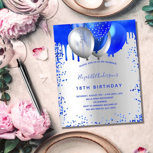 Birthday royal blue silver budget invitation flyer