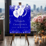 Birthday royal blue silver glitter balloon welcome foam board<br><div class="desc">A welcome board for a girly and glamorous 21st (or any age) birthday party.  A royal blue background with elegant faux silver dust and white balloons. Personalize and add a name and age 21.  White letters. 
Back: no design</div>