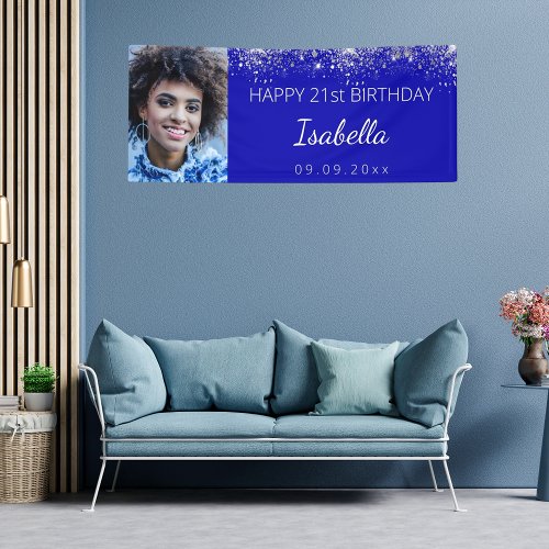 Birthday royal blue silver glitter custom photo banner