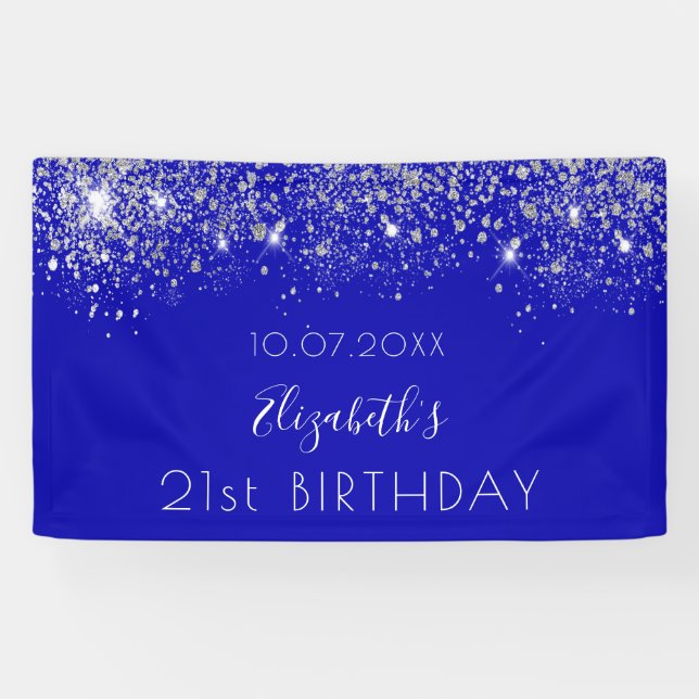 Birthday royal blue silver glitter dust monogram banner (Horizontal)