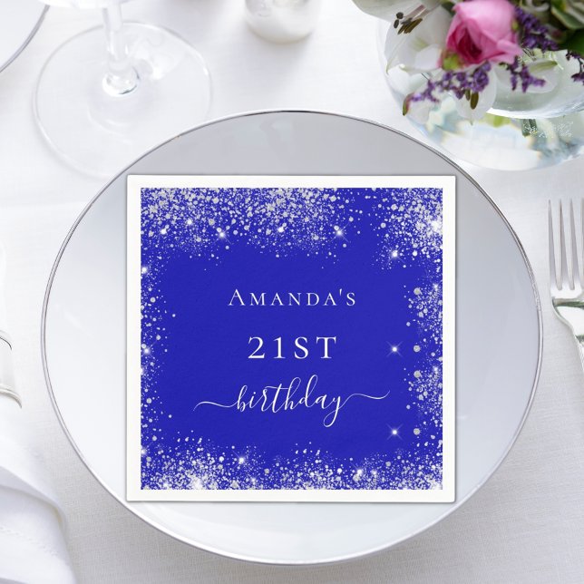 Birthday royal blue silver glitter dust monogram napkins (Creator Uploaded)