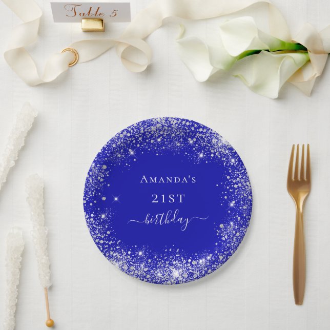Birthday royal blue silver glitter dust monogram paper plates (Wedding)