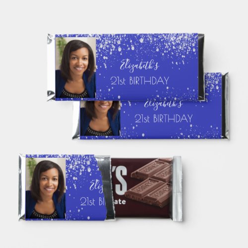 Birthday royal blue silver glitter dust photo hershey bar favors