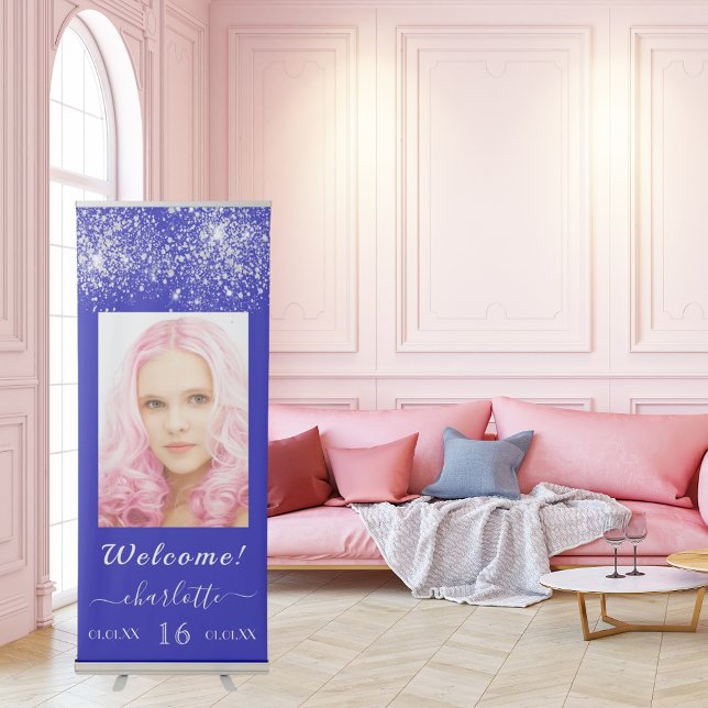 Birthday royal blue silver glitter dust photo  retractable banner (Creator Uploaded)