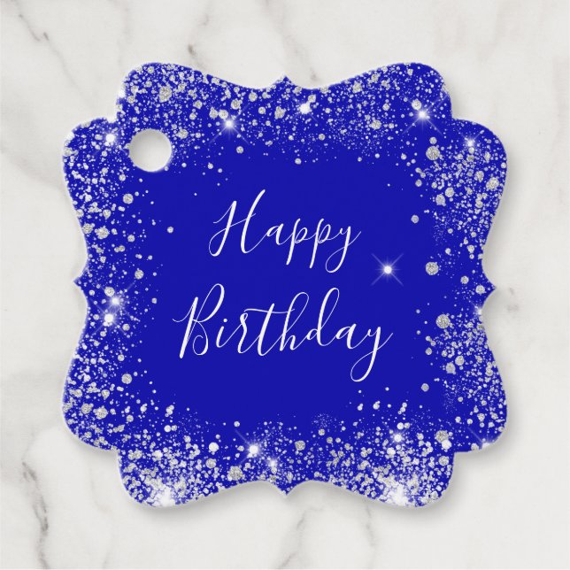 Birthday royal blue silver glitter monogram favor tags