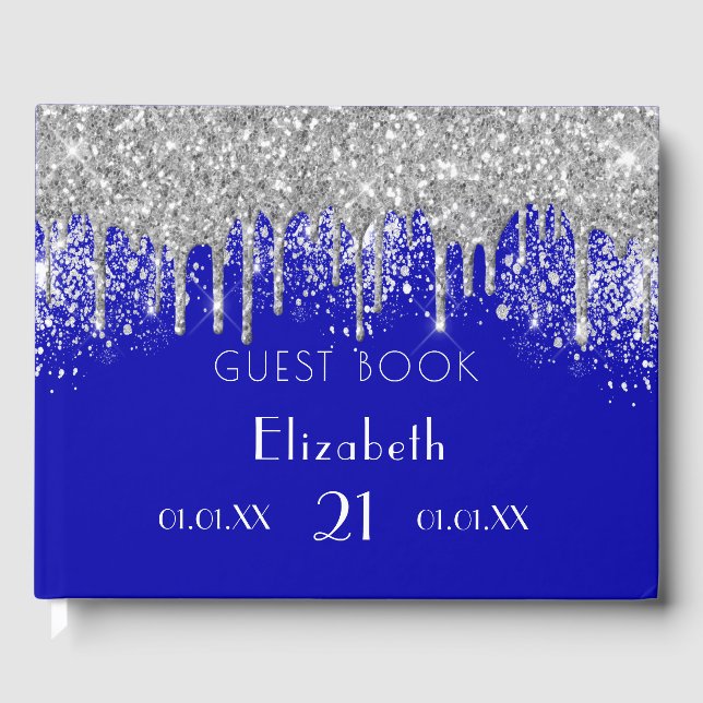 Birthday royal blue silver glitter monogram guest book (Front)