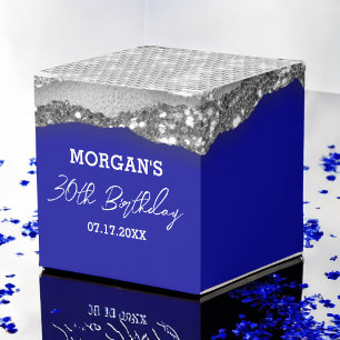 Birthday Royal Blue Silver Glitter Name Thank You Favor Boxes