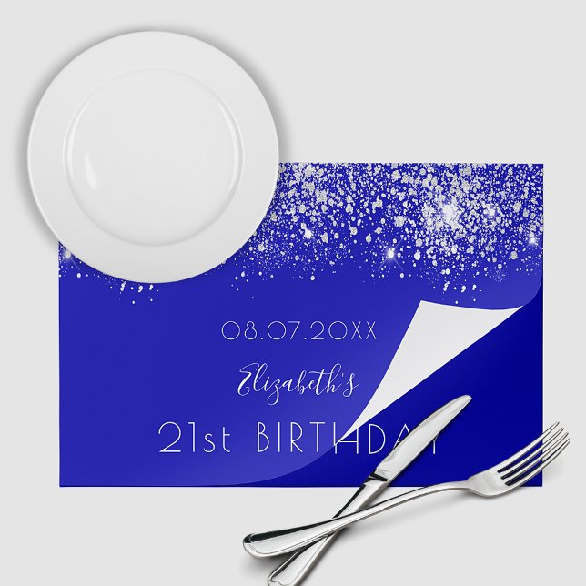 Birthday royal blue silver glitter paper placemat (Creator Uploaded)