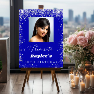 Birthday royal blue silver glitter photo welcome foam board