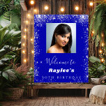Birthday royal blue silver glitter photo welcome poster<br><div class="desc">A welcome poster for a girly and glamorous 30th (or any age) birthday party.  A royal blue background with elegant faux silver sparkles.  Personalize and add a photo,  name and age 30.  White letters.</div>