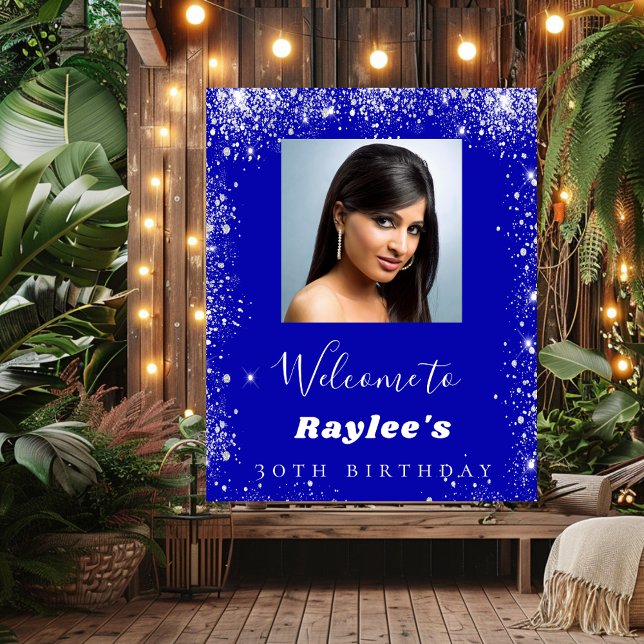 Birthday royal blue silver glitter photo welcome poster (Creator Uploaded)