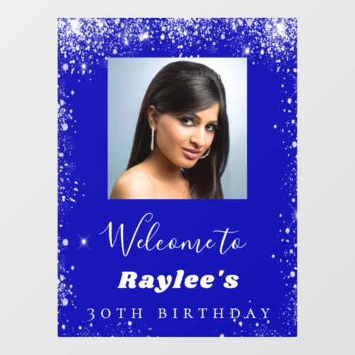 Birthday royal blue silver glitter photo welcome window cling