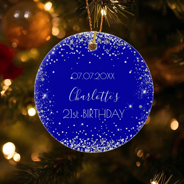 Birthday royal blue silver glitter sparkles ceramic ornament (Creator Uploaded)