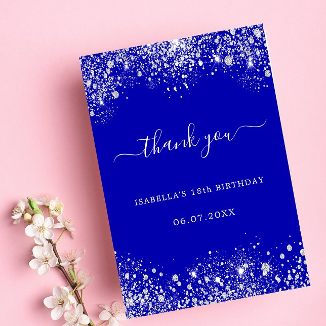 Birthday royal blue silver glitter thank you card (Creator Uploaded)