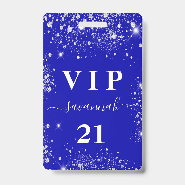 Birthday royal blue silver glitter vip invitation badge (Front)