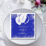 Birthday royal blue silver glitter white balloons napkins<br><div class="desc">A napkin for a girly and glamorous 21st (or any age) birthday party.  A royal blue background with elegant faux silver sparkles and white balloons.   Personalize and add a name and age 21.  White letters.</div>