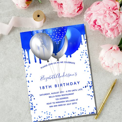 Birthday royal blue white balloons invitation postcard