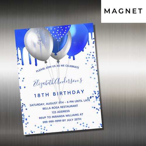 Birthday royal blue white balloons luxury magnetic invitation