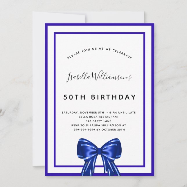 Birthday royal blue white elegant bow script invitation (Front)