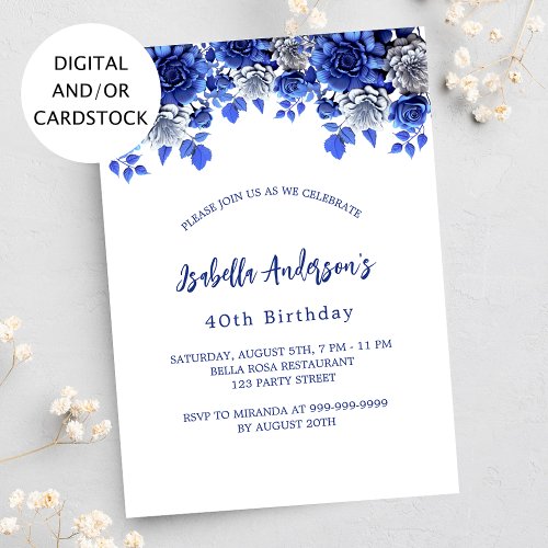 Birthday royal blue white flowers invitation