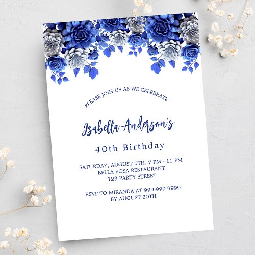 Birthday royal blue white flowers luxury invitation