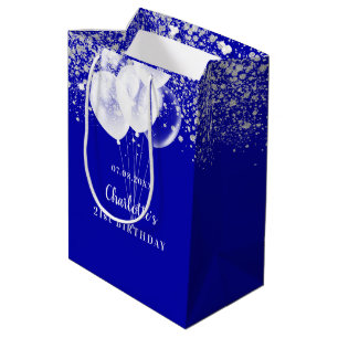 Birthday royal blue white glitter balloons name medium gift bag
