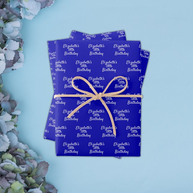 Birthday royal blue white name script minimalist wrapping paper sheets (Creator Uploaded)