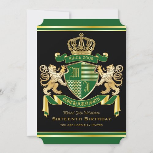 Birthday Royal Coat of Arms Green Gold Lion Emblem Invitation