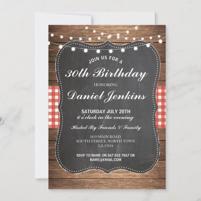 Birthday Rustic Red Check Lights Wood Invitation (Front)