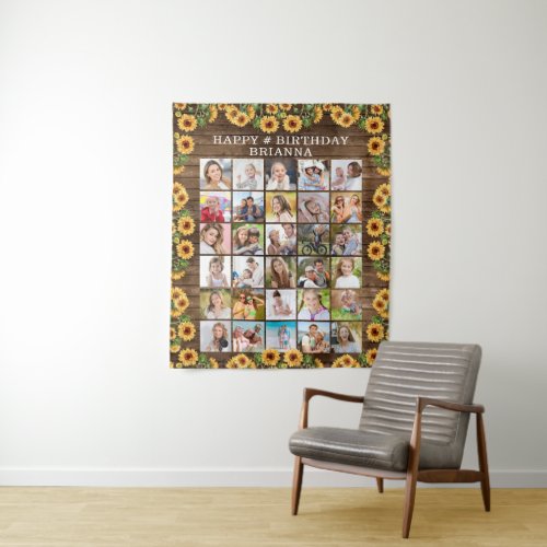 Birthday Rustic Sunflower Wood 30 Photo Collage Tapestry