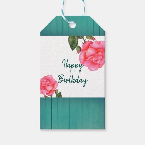 Birthday Rustic Watercolor Pink Rose Stripes Gift Tags
