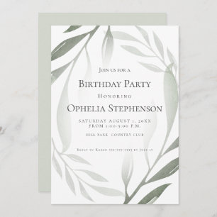 Birthday Sage Green Olive Branch Watercolor Invitation