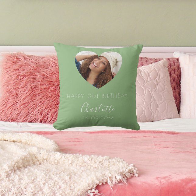 Birthday sage green photo name script throw pillow (Creator Uploaded)
