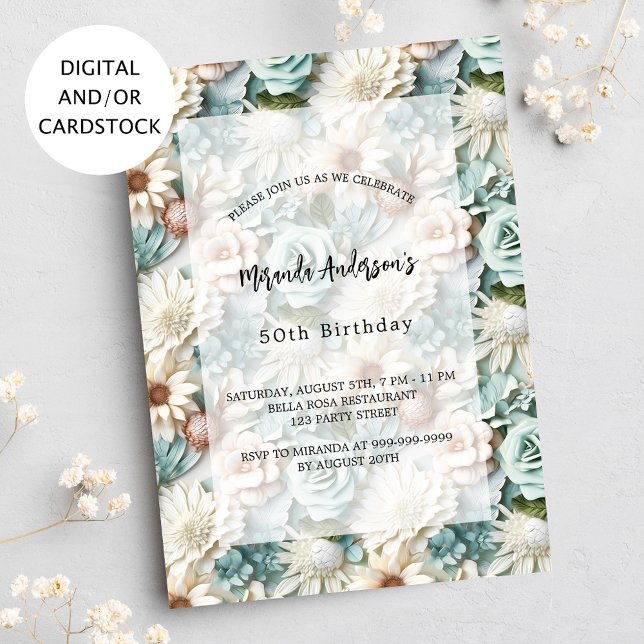 Birthday sage green white flowers invitation (Creator Uploaded)