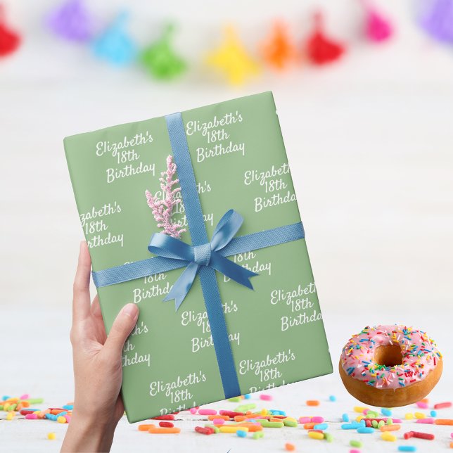 Birthday sage green white name wrapping paper (Creator Uploaded)