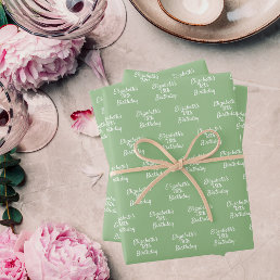 Birthday sage green white name wrapping paper sheets