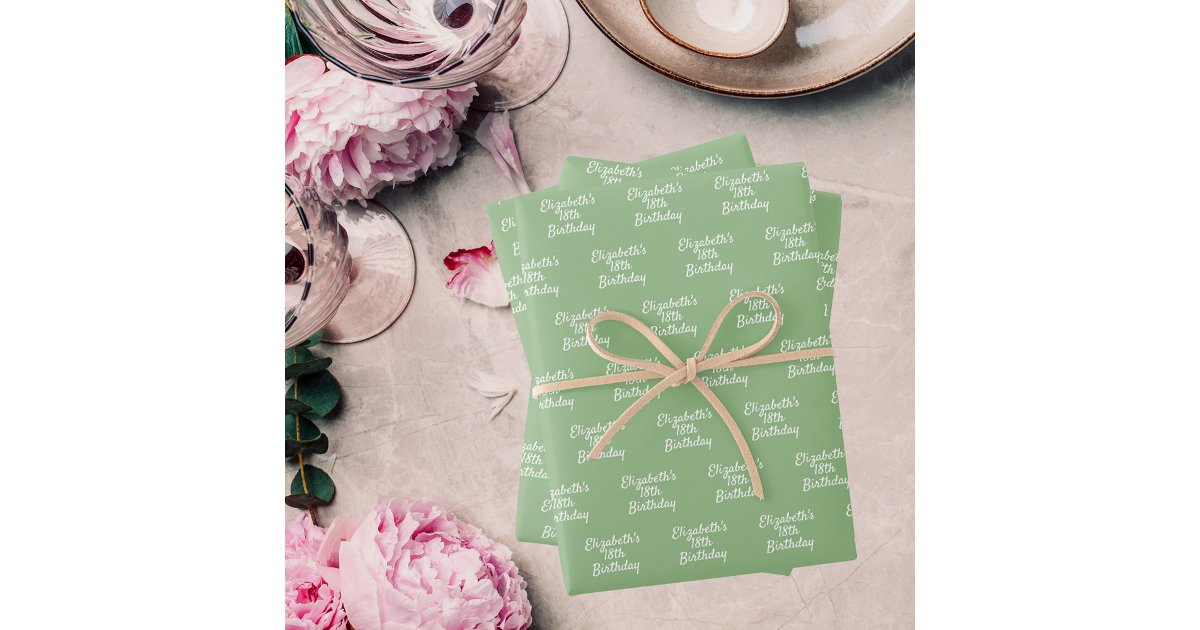 Birthday sage green white name wrapping paper sheets | Zazzle