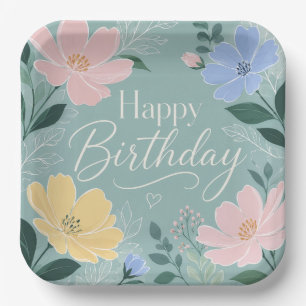 Birthday Sage Green Wildflower Watercolor Paper Plates