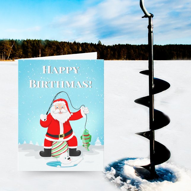 Birthday Santa Ice Fishing With Polar Bear Card (Santa and a polar bear ice fishing: the perfect whimsical birthday card!)
