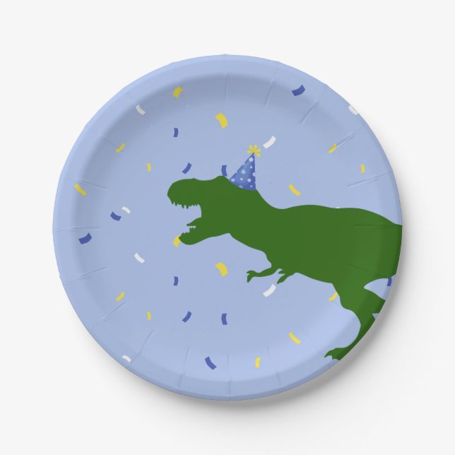 "Birthday-Saurus" Child's Blue Dinosaur Birthday Paper Plates (Front)
