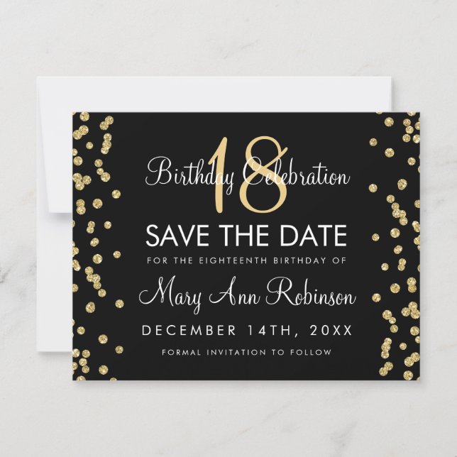 Birthday Save Date Gold Glitter Confetti Black Save The Date (Front)