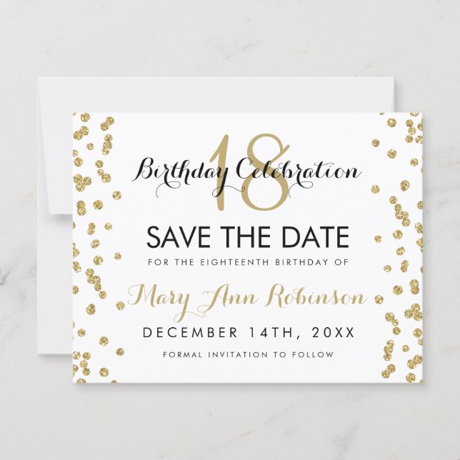 Birthday Save Date Gold Glitter Confetti White Save The Date (Front)