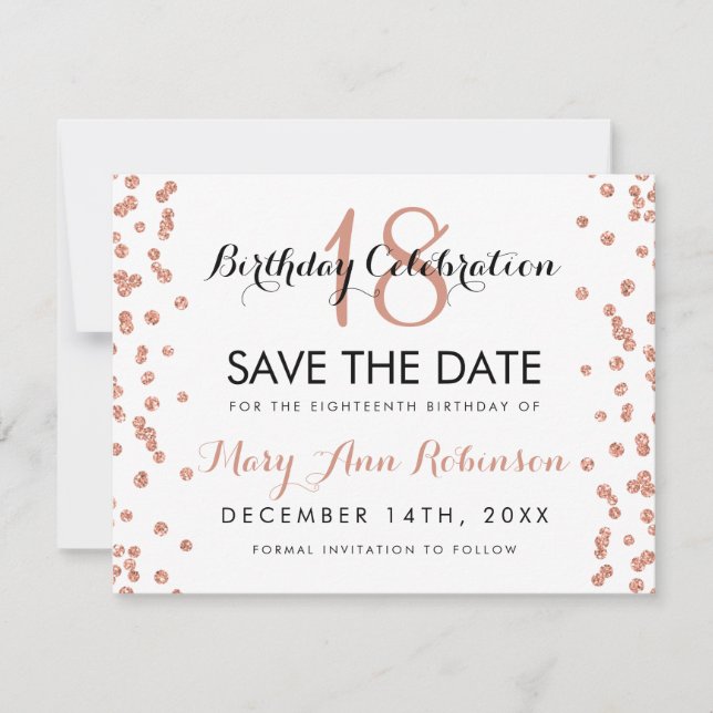 Birthday Save Date Rose Gold Glitter Confetti Save The Date (Front)