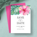 Birthday Save The Date Cards Tropical Theme<br><div class="desc">Set the tone for your tropical celebration with this birthday save the date card, featuring elegant watercolor tropical flowers and monstera palm leaves along the top border. The phrase "Save the Date" is styled in a modern charcoal gray font over a crisp white background, with a vibrant pink reverse side...</div>