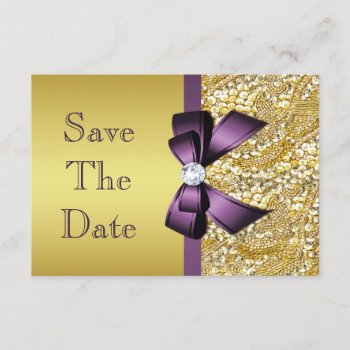 Birthday Save The Date Gold Faux Sequin Purple Bow by GroovyGraphics at Zazzle