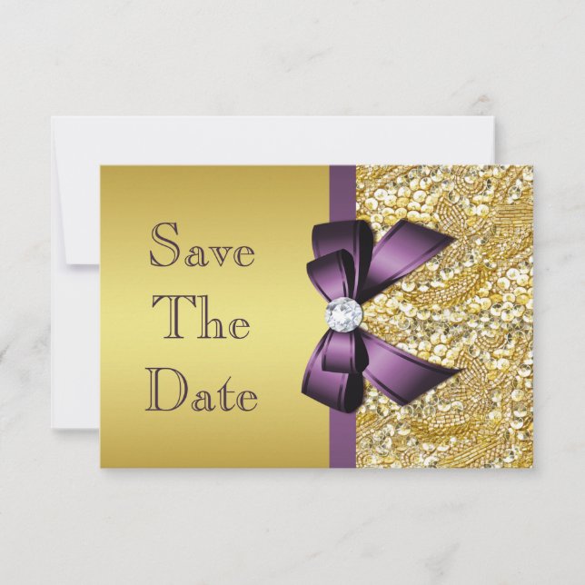Birthday Save The Date Gold Faux Sequin Purple Bow (Front)