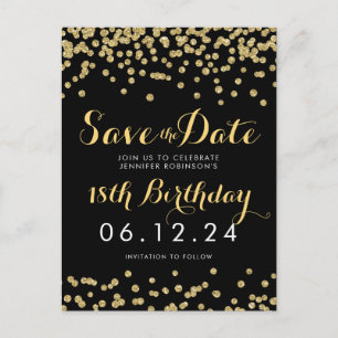 Birthday Save the Date Gold Glitter Confetti Black Announcement Postcard